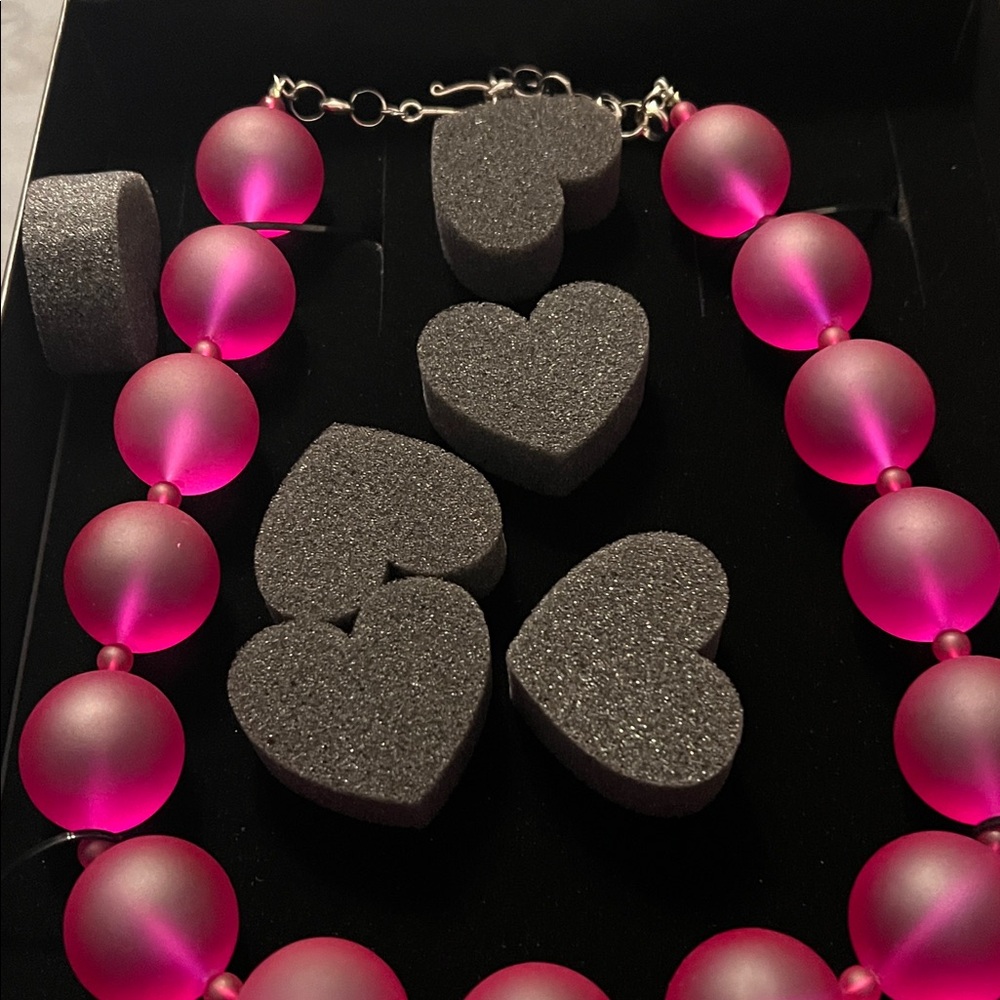 Pink and Black Beaded Necklace with Heart Accents